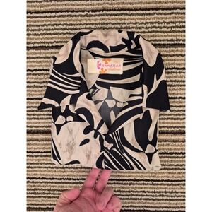 Sears Hawaiian Fashions Mens XL Floral Abstract Button Up Shirt Cream 1960s VTG